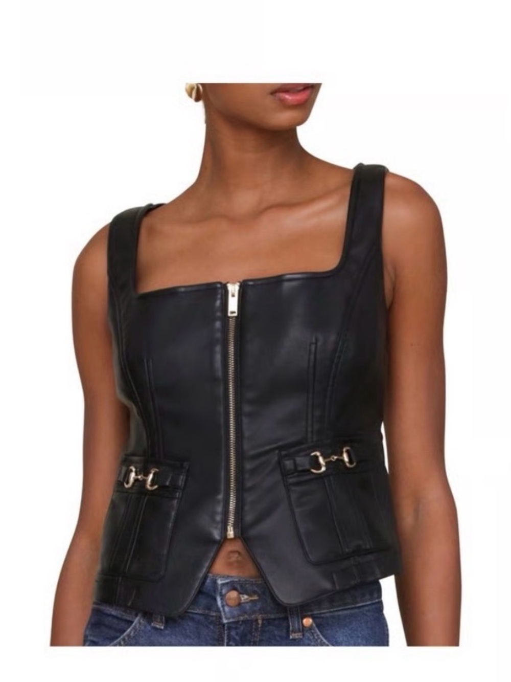 7 For All Mankind Black Faux Leather Square-Neck Zip Vest